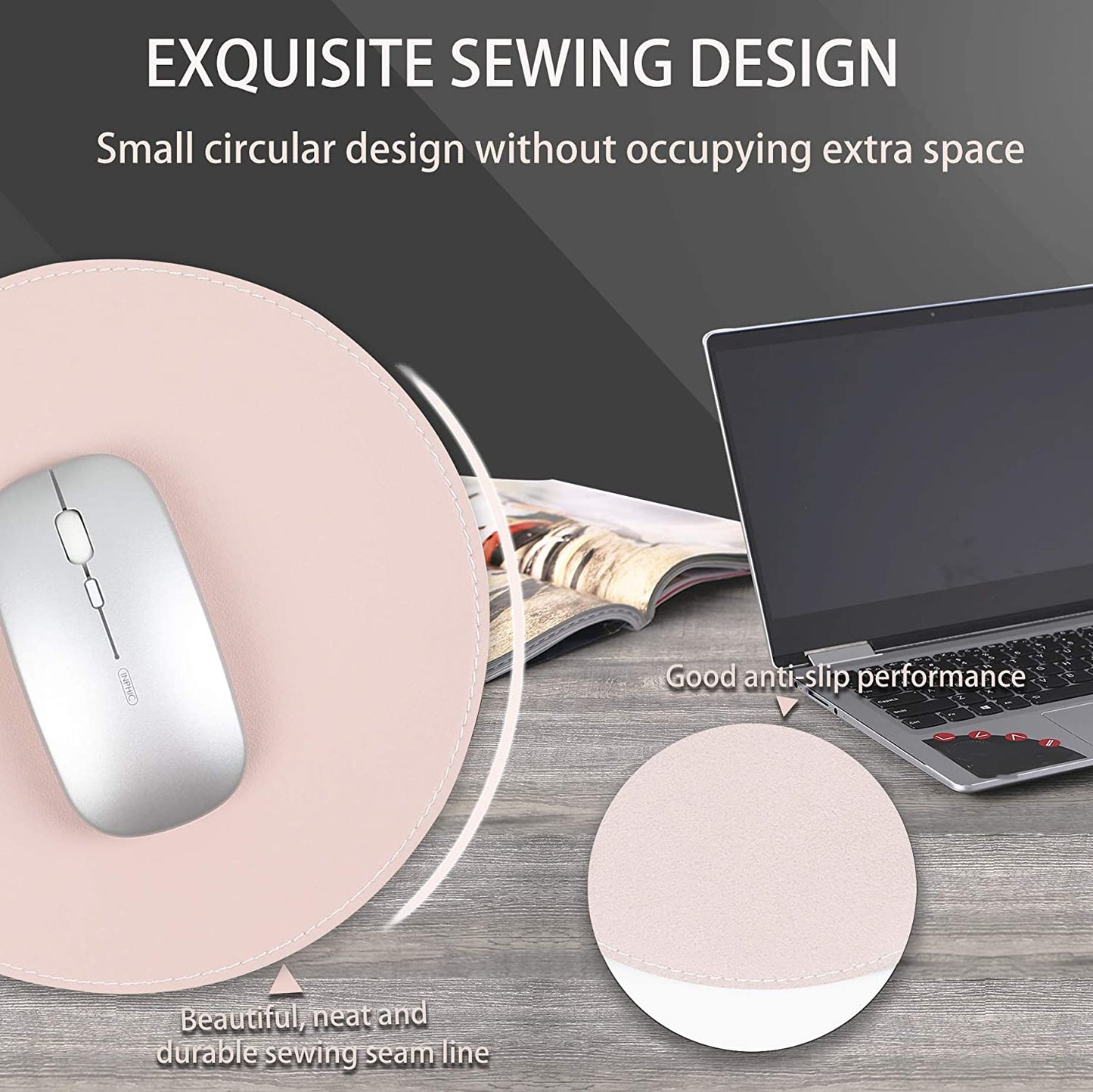2 Pack Mouse Pads, Ultra Thin Waterproof PU Leather Mouse Pad,Stitched Edges,Works for Computers, Laptop,All Types of Mouse Pad, Office/Home(8.66'', 2 Pack, Pink)